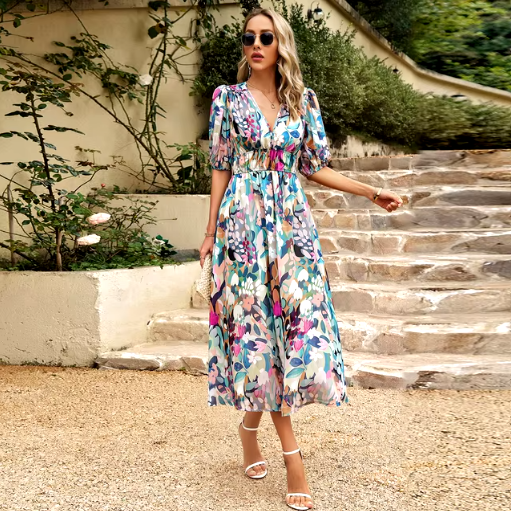 V-Neck Printed Maxi Dress